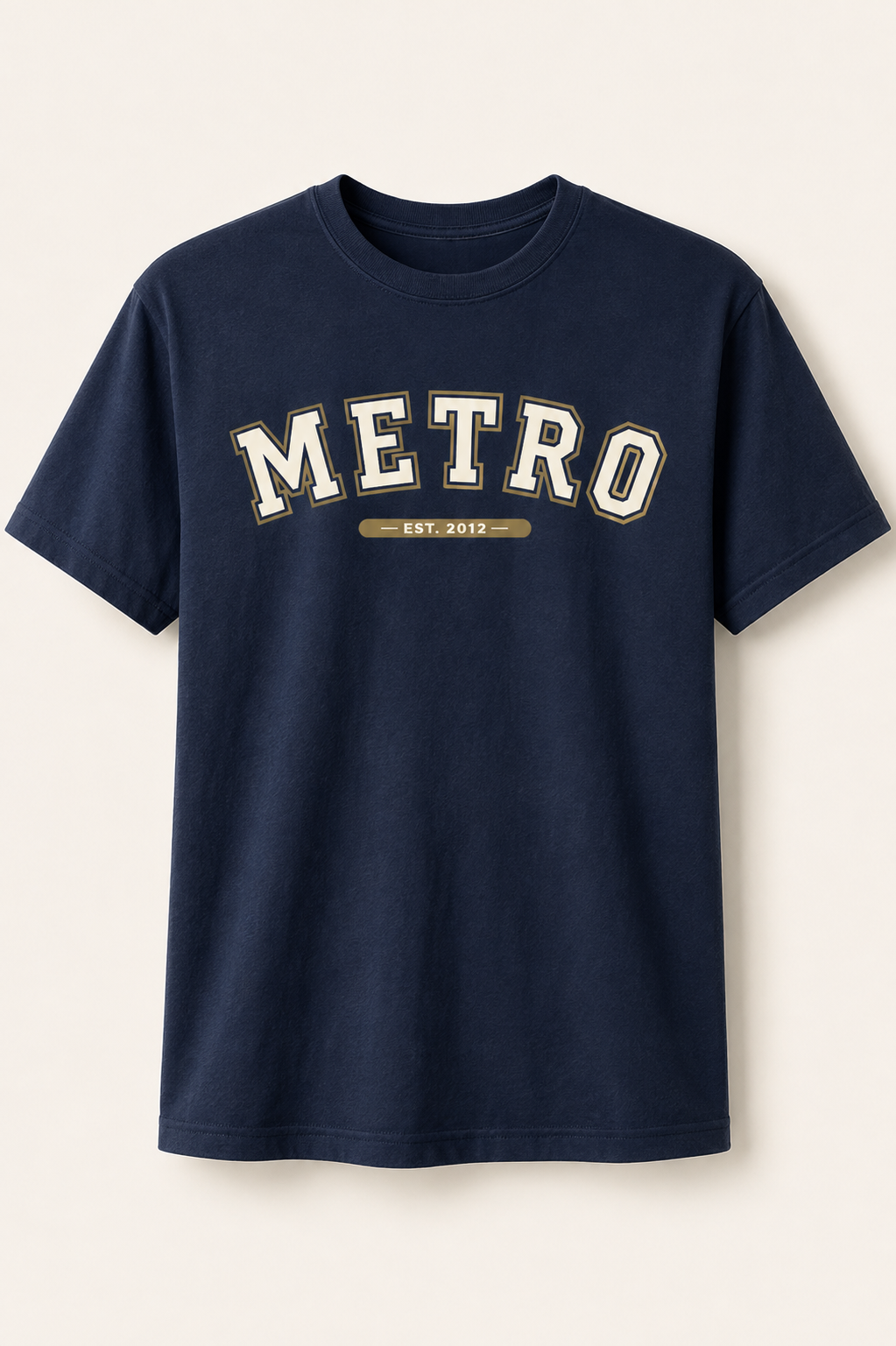 Metro EST. 2012 collegiate navy t-shirt with varsity lettering