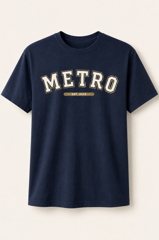 Metro EST. 2012 collegiate navy t-shirt with varsity lettering