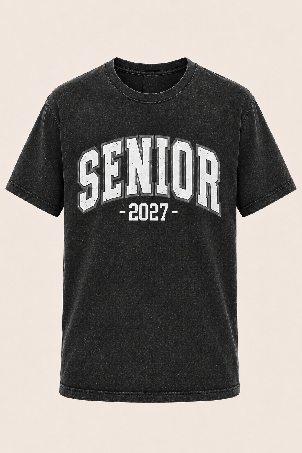 A black acid-wash short-sleeve t-shirt with 'SENIOR -2027-' printed in white varsity block letters on the front, displayed against a solid light beige background.
